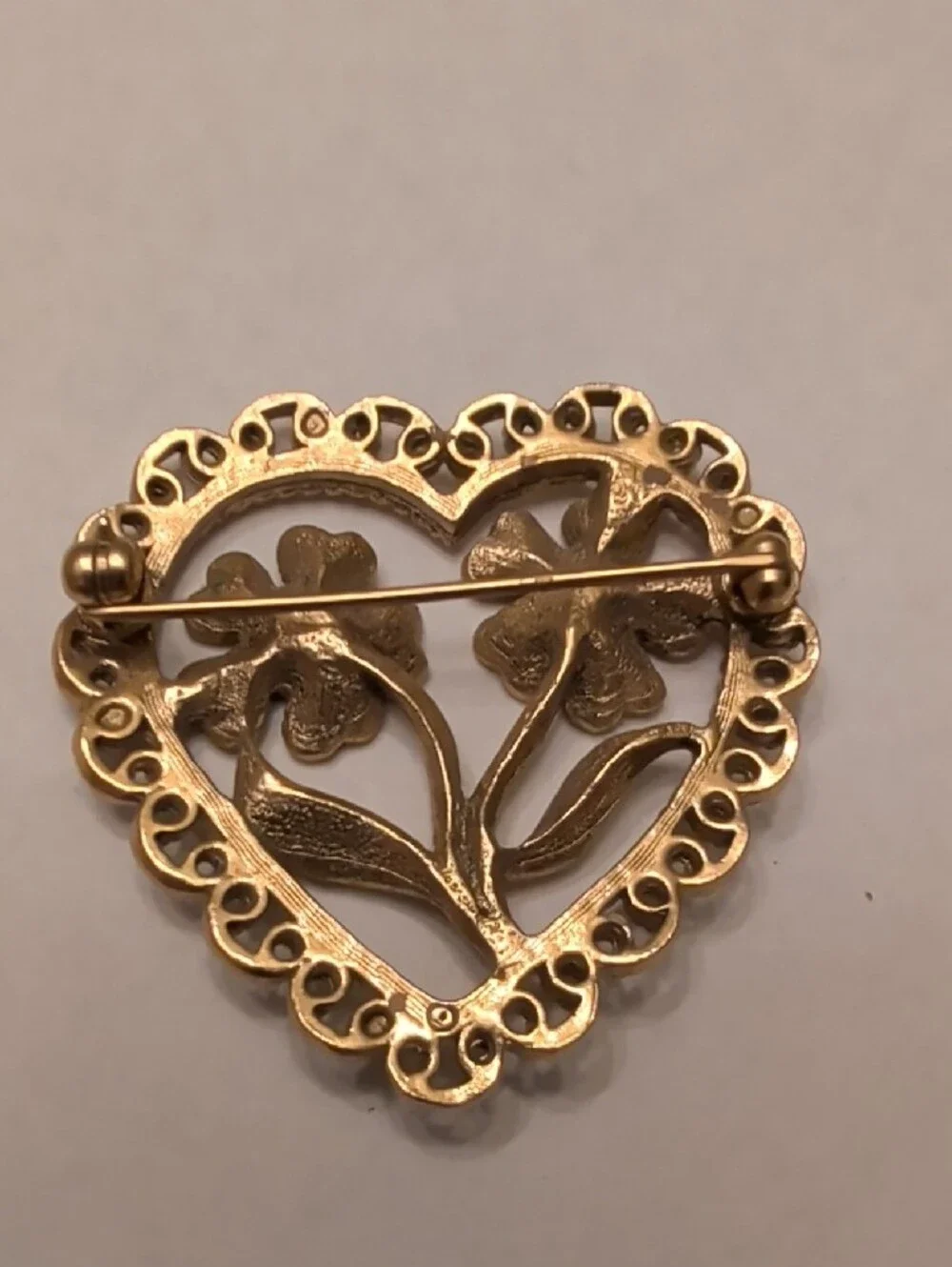Gold Tone Heart Floral Brooch with Pearled Accents